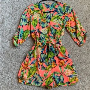 Juniors neon pink tropical print romper
